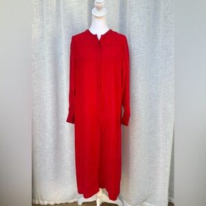 Sandro Paris brocade floral pattern red long sleeve button down kaftan dress